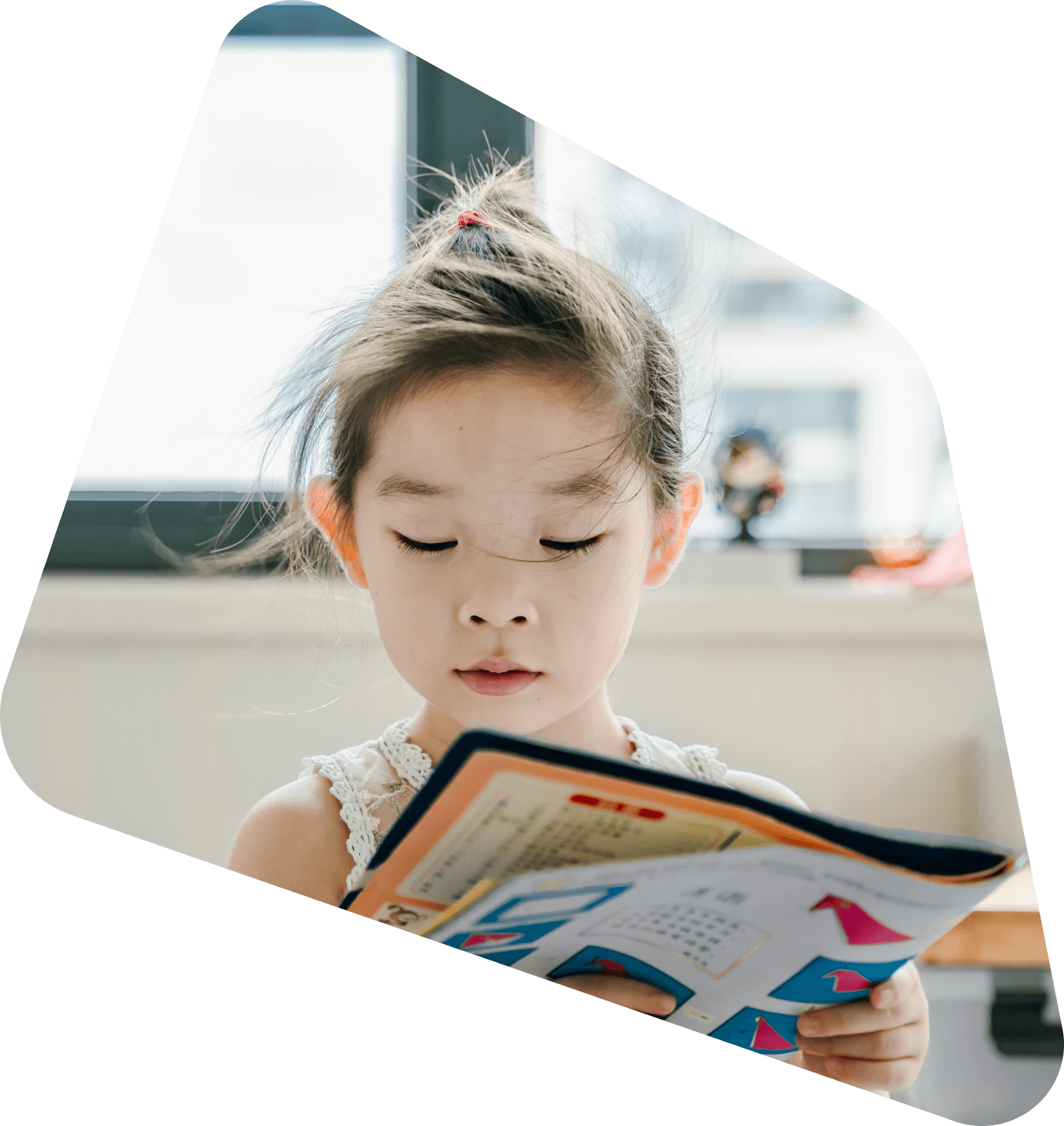 Young Asian student reading a book in front of a window